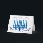 cartão do feriado de hanukkah com menorah no azul<br><div class="desc">o cartão do feriado de hanukkah com menorah no cartão azul e branco de Menorah Hanukkah em azul e em branco, Menorah fez usando a tabuleta gráfica, nos dois ramos de oliveira inferiores, Hanukkah feliz, você pode ter este personalizado com nomes e os nomes de família, apenas pressionam a pálete...</div>