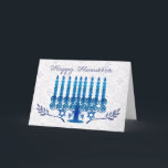cartão do feriado de hanukkah com menorah no azul<br><div class="desc">o cartão do feriado de hanukkah com menorah no cartão azul e branco de Menorah Hanukkah em azul e em branco, Menorah fez usando a tabuleta gráfica, nos dois ramos de oliveira inferiores, Hanukkah feliz, você pode ter este personalizado com nomes e os nomes de família, apenas pressionam a pálete...</div>