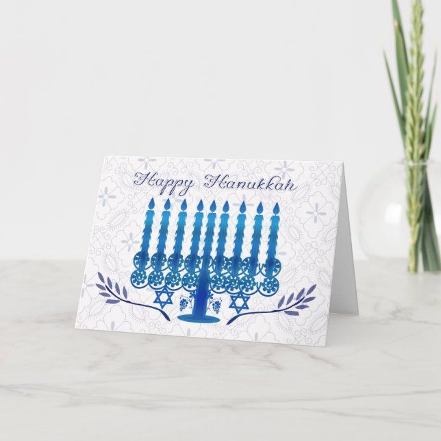cartão do feriado de hanukkah com menorah no azul (Frente)
