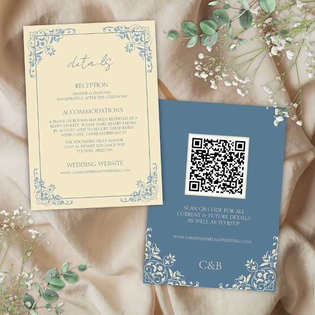 Cartão do gabinete de detalhes do código QR amarel (Elegant butter yellow and dusty blue formal elegant vintage wedding details enclosure cards inserts)