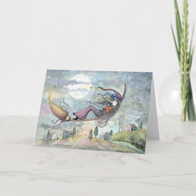 Cartão do gato da bruxa do Dia das Bruxas por (Frente)