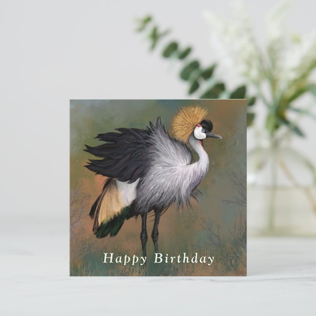 Cartão do Grou-coroado-cinzento Feliz Aniversário (Em pé/Frente)
