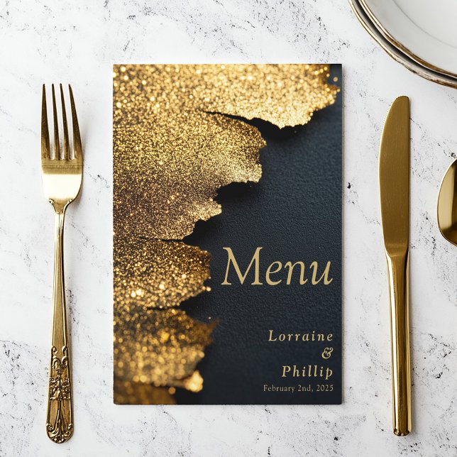 Cartão do menu do casamento preto e Dourado com br (A luxurious gold foil texture effect menu card. Sleek black background and elegant gold text)