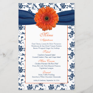 Cartão do menu do casamento tema damasco dos azui