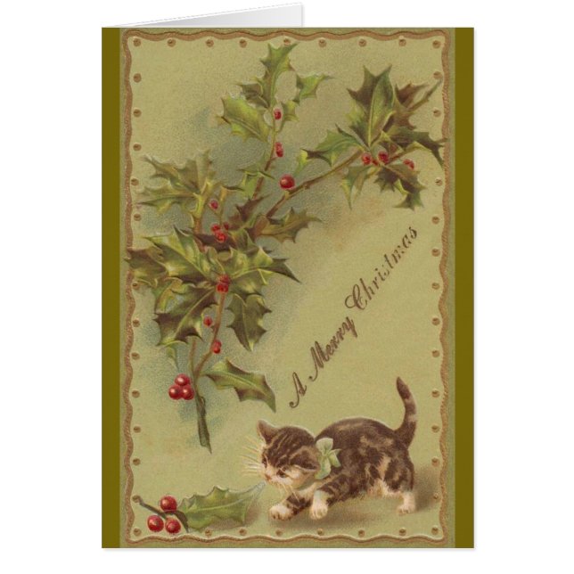 Cartão do Natal do gatinho e do azevinho do (Frente)