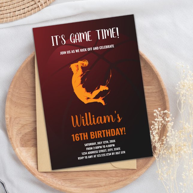 Cartão do Partido Esportivo para Meninos Editáveis (Orange Jump Basketball Birthday Invitations)