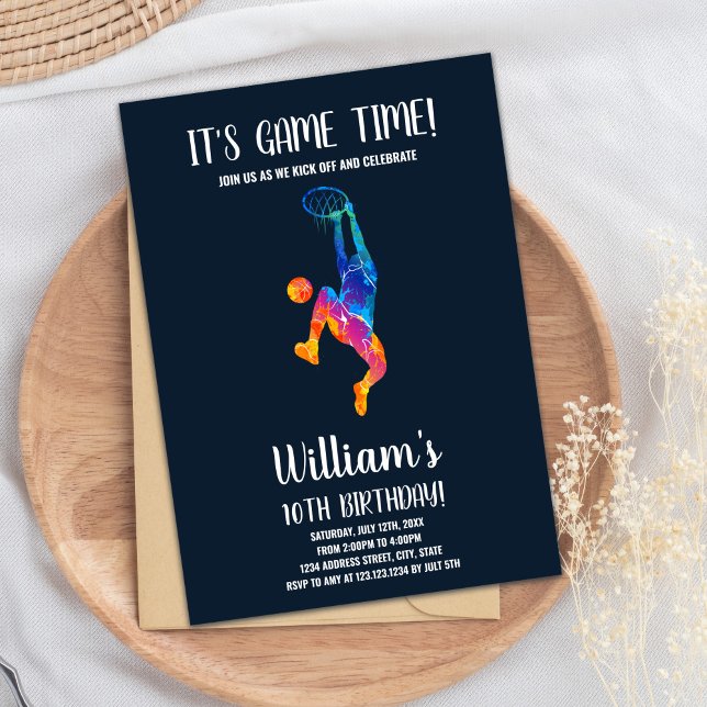 Cartão do Partido Esportivo para Meninos Editáveis (Basket Colors Basketball Birthday Invitations)