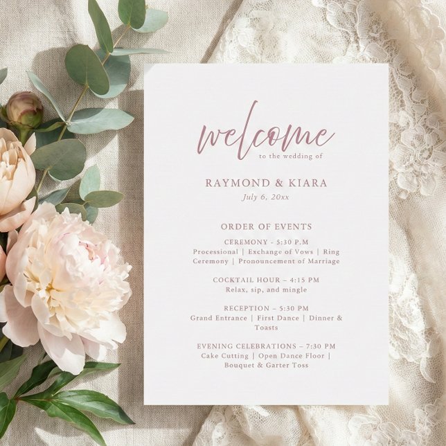 Cartão do Programa Casamento Rosa Dusty de Eventos (dusty pink order of events program card in modern script calligraphy)