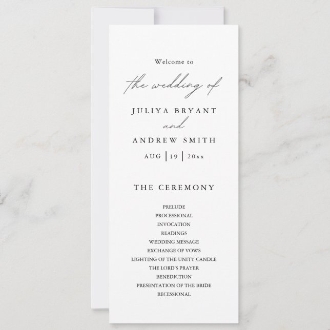 Cartão do programa de casamento branco e preto na  (Frente)