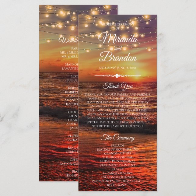 Cartão do Programa de Casamento de Verão de Praia  (Frente/Verso)