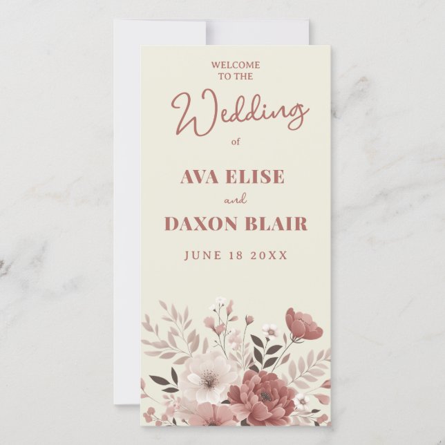 Cartão do Programa de Casamento Floral Dusty Rosa (Frente)