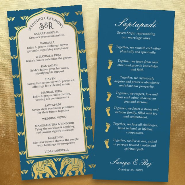 Cartão do Programa de Casamento Indígena e Hindu p (Hindu wedding program, Indian wedding program, Saptapadi seven steps, elephant lotus flower mundap)