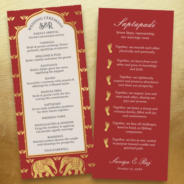 Cartão do Programa de Casamento Indígena e Hindu p (Hindu wedding program, Indian wedding program, Saptapadi seven steps, elephant lotus flower mundap)