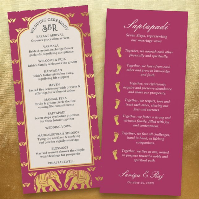 Cartão do Programa de Casamento Indígena e Hindu p (Hindu wedding program, Indian wedding program, Saptapadi seven steps, elephant lotus flower mundap)