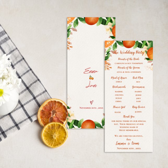 Cartão do Programa de Casamento Laranja de Cerimôn (Order of Ceremony Orange Wedding Program Card)