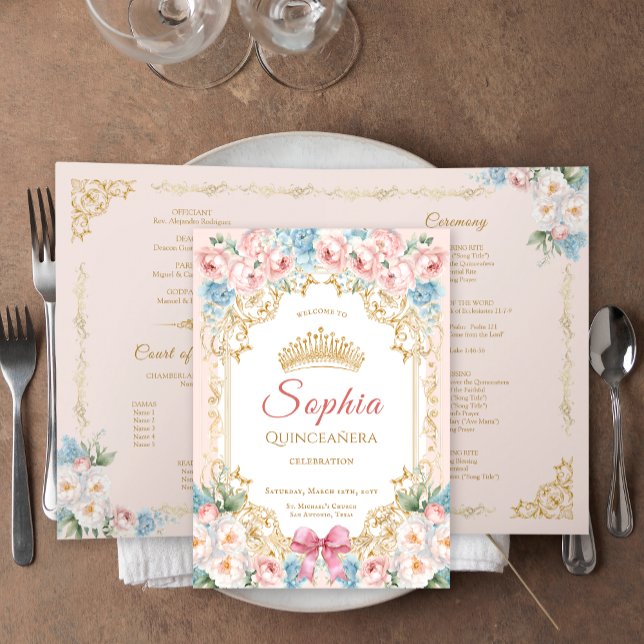 Cartão do Programa Floral de Quinceanera Clássica  (Classy Pink Blue Floral Quinceanera Program Card)