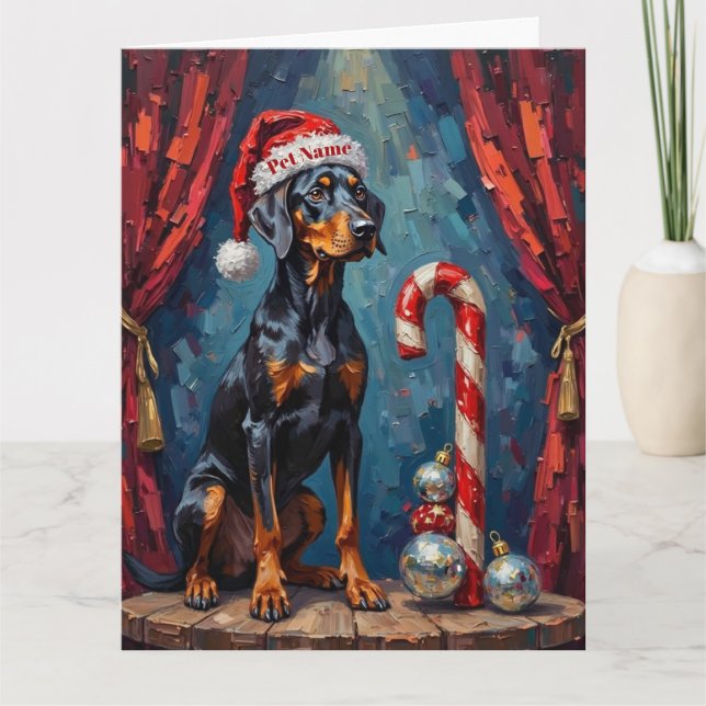 Cartão Doberman Balancing Act Christmas Candy Cane Hat (Frente)