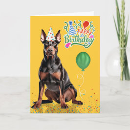 Cartão Doberman Dog Party Hat Yellow Birthday