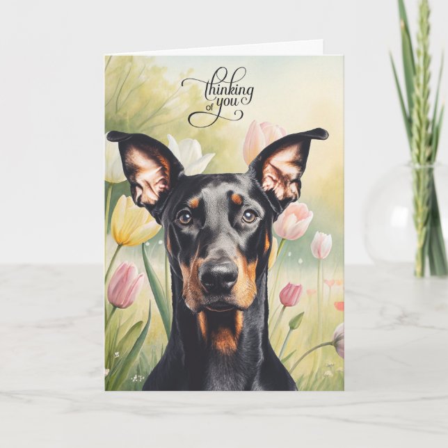 Cartão Doberman Dog Pastel Tulips Thinking of You (Frente)