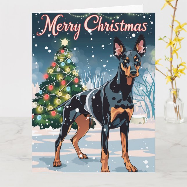 Cartão Doberman Feliz Natal Neve (Flor Amarela)