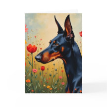 Doberman num campo de flores