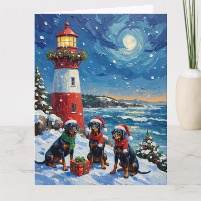 Cartão Doberman Pinscher Christmas Lighthouse Holiday (Frente)