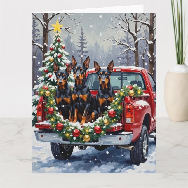 Cartão Doberman Pinscher Christmas Red Truck Holiday (Frente)