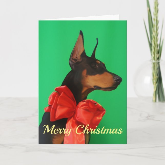 Cartão Doberman Potrait with Red Christmas Bow (Frente)