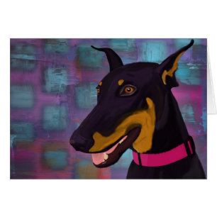 Cartão Doberman preto de sorriso em um fundo roxo