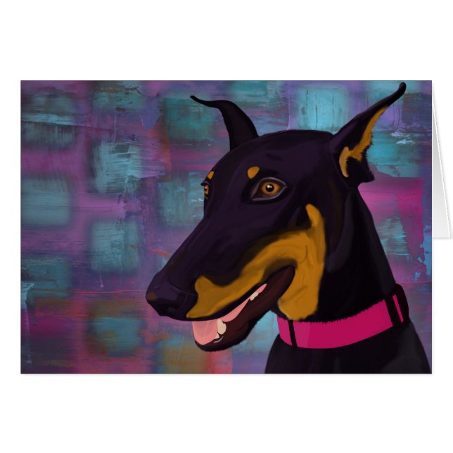 Cartão Doberman preto de sorriso em um fundo roxo (Frente Horizontal)