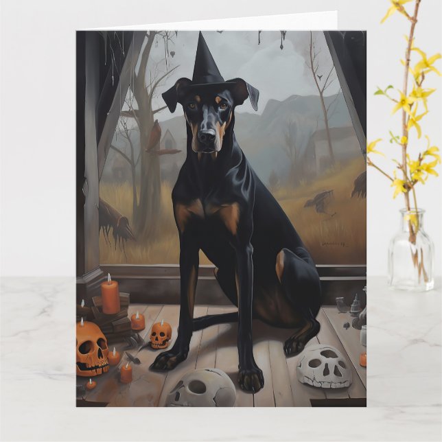 Cartão Doberman Pumpkins Halloween Scary (Flor Amarela)