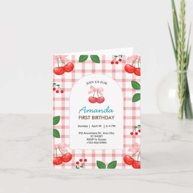 Cartão Dobrado de Aniversário de Um Ano com Fruta  (Frente)