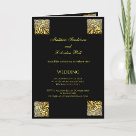 Cartão dobrado de casamento Preto Dourado com menu