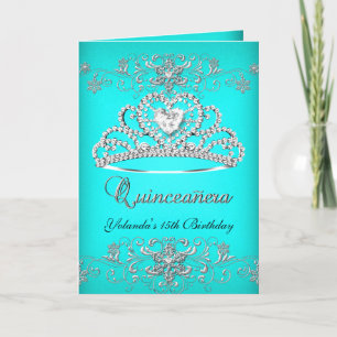Cartão Dobrado Quinceanera Aqua Teal Glitter Tiara