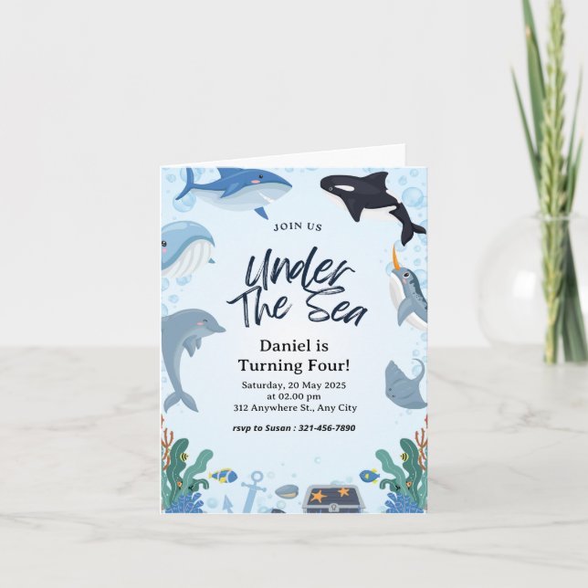 Cartão Dobrável de Aniversário do Tubarão Náutico  (Frente)