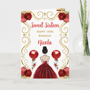 Cartão Doce 16 Cabelo Castanho Princesa Vermelha Feliz An