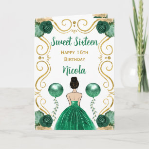 Cartão Doce 16 Cabelo Marrom Princesa Verde Feliz Anivers