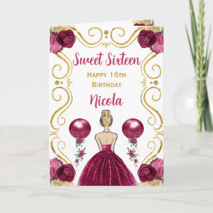 Cartão Doce 16 Loira Princesa Burgundy Feliz Aniversário