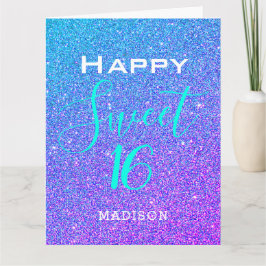 Cartão Doce 16 Teal Purple Glitter Birthday Personalizado