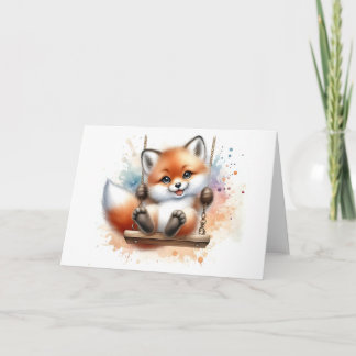 Cartão Doce Bebê Raposa no Balanço Aquarela Branco