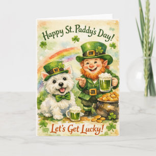 Cartão doce de São Patrício com Westie e Leprechau