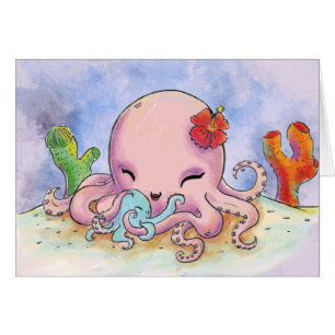 Cartão Doce Dia de as mães de Octopus, mãe e bebê