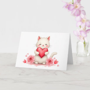 Cartão Doce Gatinho Branco com Coração Vermelho no Dia do