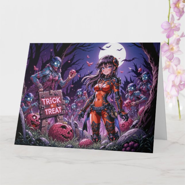 Cartão Doce ou Travessura Zumbis do Halloween Distribuind (Orquídea)