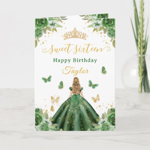 Cartão Doce Princesa Verde de Dezesseis Anos Loira Menina