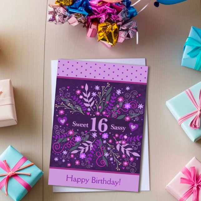 Cartão Doce Sassy 16 Birthday Floral Purple Inspirivity (Criador carregado)