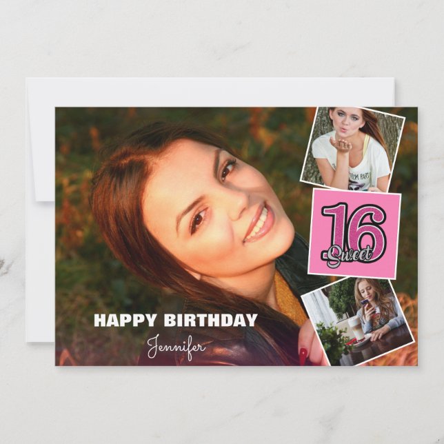 Cartão Docente 16 Birthday 3Photo Collage Card (Frente)