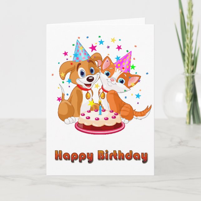Cartão Dog and Cat Celebration Happy Birthday (Frente)