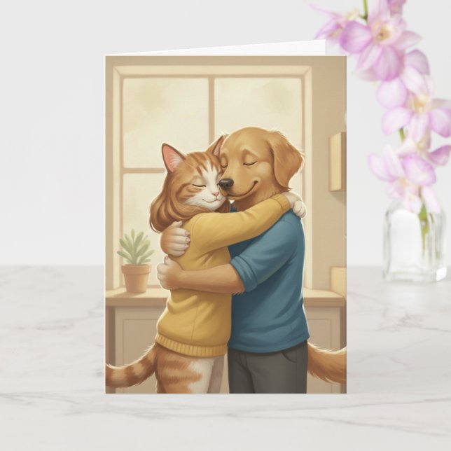 Cartão Dog and Cat Hugging Romantic Greeting Card (Orquídea)