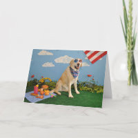Dog on picnic, American flag